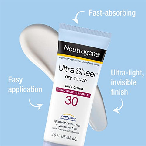 Protetor Solar Neutrogena Ultra Sheer Dry-Touch FPS 30, Proteção UVA/UVB, Livre de Oxybenzone, Resistente à Água, Não Comedogênico, Não Oleoso, Tamanho Viagem, 90 ml