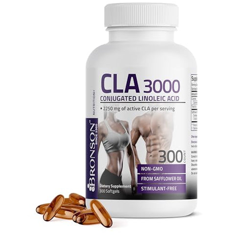 CLA 3000 – Suplemento de Ácido Linoleico Conjugado de Alta Potência para Gerenciamento de Peso Saudável e Massa Muscular Magra – 300 Softgels - Bronson