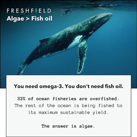 Freshfield Naturals - Freshfield Vegan Omega 3 DHA: Fonte Sustentável, Testado, GMP, Premium, Livre de Carragenina, Frasco Compostável, Substituto de Óleo de Peixe, Neutro em Carbono. Suporta Coração, Cérebro, Articulações
