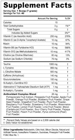 Cadenza: Pó Energético, Sem Açúcar, Foco com Cafeína Limpa, Mistura para Água, Sabor de Morango Cítrico, Aminoácidos para Foco, Vitaminas Antioxidantes, 280g, 40 Porções - G Fuel