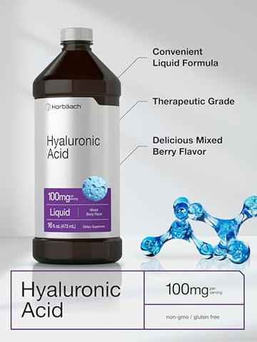 Suplemento de Ácido Hialurônico Líquido | 100 mg | 473 ml | Sabor de Frutas Vermelhas | Fórmula Livre de Transgênicos e Glúten - Horbäach