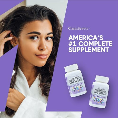 ClarinBeauty - Pílulas de Colágeno 100%% Natural 1000mg Biotina 10000mcg Queratina Saw Palmetto 2500mg Ácido Hialurônico