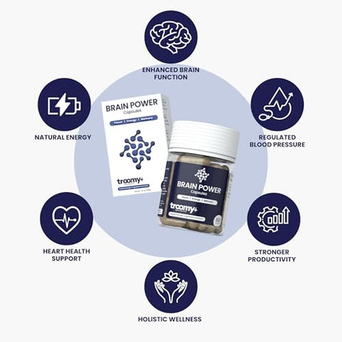Troomy Nootropics - Troomy Brain Power – Suplemento para Foco e Memória | Citicolina, Cogumelo do Leão, Cordyceps | Melhora a Função e Memória Cerebral – 60 Cápsulas