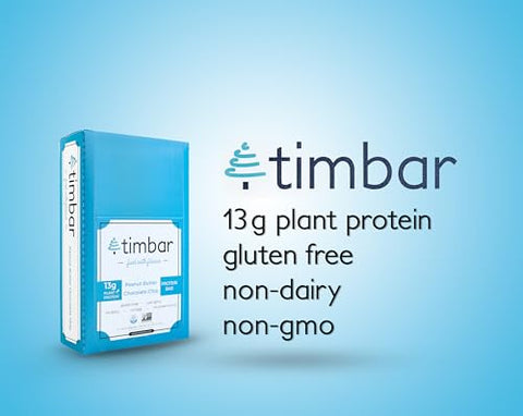 TIMBAR - Timbar Barras de Proteína, Pasta de Amendoim com Gotas de Chocolate, à Base de Plantas, Não-OGM, Sem Glúten, Sem Laticínios, Sem Ovos, Sem Conservantes (12 Barras) – 13g de Proteína à Base de Plantas por Barra