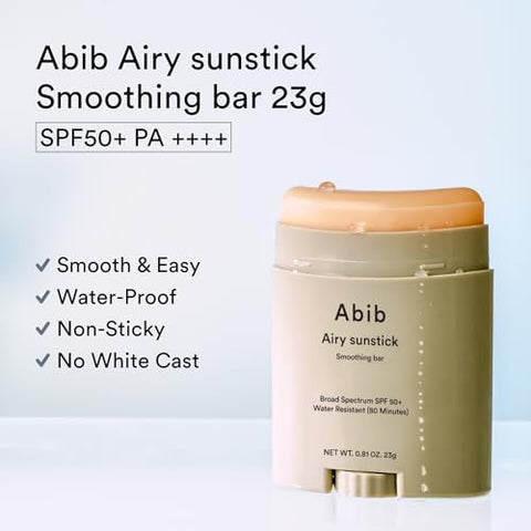 Abib Airy Sunstick Smoothing Bar SPF50 | Protetor Solar Facial e Corporal de Acabamento Matte Não Pegajoso, Duradouro | Stick Solar Coreano