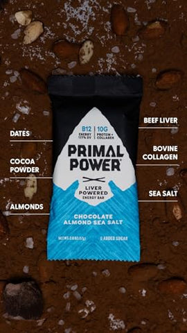 Barras Nutricionais Primal Power Fígado – Energia B12, 10g Proteína, Vitaminas, Minerais, Colágeno, Zero Açúcar Adicionado, Sem Glúten – Pacote com 12