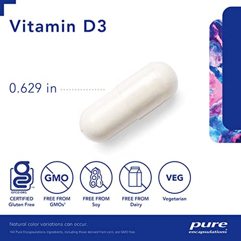 Vitamina D3 Pure Encapsulations 10 mcg (400 UI) | Suporte Hipoalergênico para Saúde Óssea, Mamária, Cardiovascular, Colônica e Imunológica | 120 Cápsulas