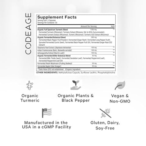 Suplemento Orgânico de Cúrcuma – 95% Extrato de Curcumina em Cápsulas – Mistura Botânica Lipossomal Fermentada de Pimenta-do-Reino, Ashwagandha, Gengibre, Stephania, Boswelia, Cominho, Digestivo – 60 Cápsulas - Codeage