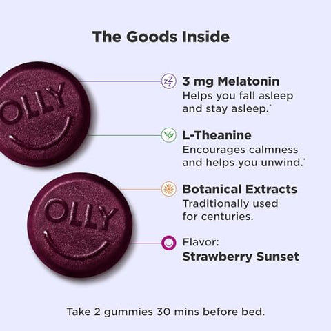 Gummy Sleep Aid 3mg Melatonin, L-Theanine, Camomila, Melissa, Morango, 60 Unidades - OLLY