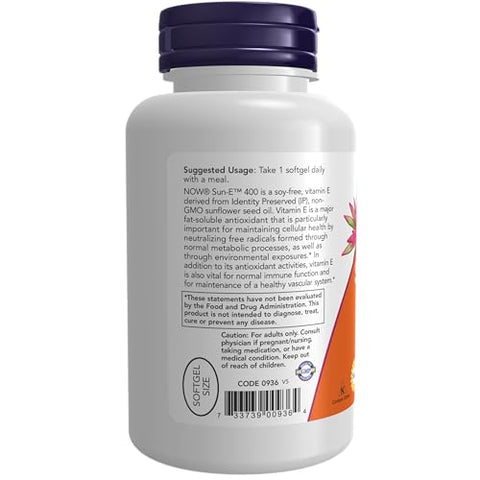 Suplementos, Sun-E™ 400 UI com d-alfa Tocoferol do Óleo de Girassol Não-OGM, 120 Softgels - NOW Foods