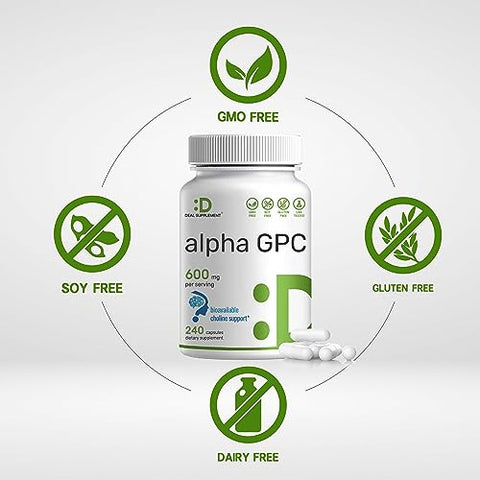 Alpha GPC 600mg por Porção, 240 Cápsulas – Reposição de Colina Bioativa – Suplementos para Saúde Cerebral, Memória e Concentração – Livre de Transgênicos e Glúten - DEAL SUPPLEMENT