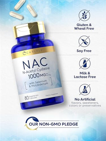 Suplemento Carlyle NAC N-Acetil Cisteína 1000mg 80 Cápsulas com Selênio