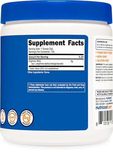 Arginine AKG em Pó 300 Gramas (AAKG) – 3G Por Porção - Nutricost