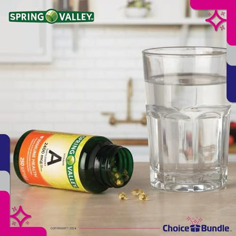 ChoiceBundle - Spring Valley Softgels de Vitamina A, 2400 mcg 2Pk Bundle Escolha (500 Total) Guia de Vitalidade de Vitaminas e Recipiente para Comprimidos (4 Itens)