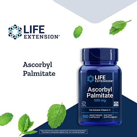 Ascorbyl Palmitate 500mg – Vitamina C Lipossolúvel para Suporte Imunológico e Longevidade – Livre de Glúten, Não-OGM, Vegetariano – 100 Cápsulas - Life Extension