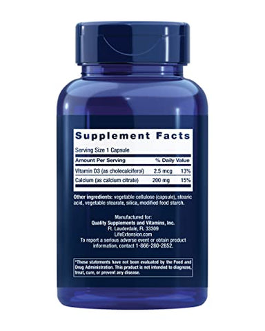 Cálcio Citrato com Vitamina D, Cálcio Super-absorvível para Apoiar a Saúde Óssea Ótima, Sem Glúten, Não-OGM, 200 Cápsulas - Life Extension