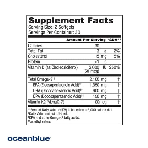 Professional Omega-3 2100 com Vitamina K2 e Vitamina D3 – 120 Cápsulas 2 Pacotes – Óleo de Peixe sem Sabor de Alta Potência com EPA, DHA – 2100mg – Embalagem Dupla – Ômega 3 Triplo – Saúde Cardiovascular – Marca Oceanblue - Oceanblue