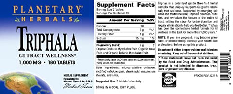 Triphala 1000mg – Limpeza Interna para o Trato GI – 180 Comprimidos - Planetary Herbals