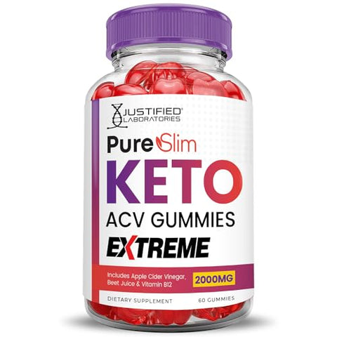 Justified Laboratories - Pure Slim Keto ACV Gummies Extreme 2000MG – Fórmula Avançada de Gomas PureSlim Keto com Vinagre de Maçã, Romã e Beterraba em Pó – B12 Vegano Não GMO 60 Gomas