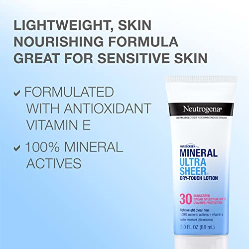 Protetor Solar Neutrogena Mineral UltraSheer Dry-Touch FPS 30, Resistente à Água, Proteção UVA/UVB de Amplo Espectro, Nutrição da Pele, Leve com Vitamina E, Livre de Oxybenzone, 50g
