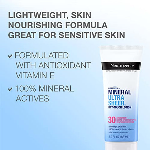Protetor Solar Neutrogena Mineral UltraSheer Dry-Touch FPS 30, Resistente à Água, Proteção UVA/UVB de Amplo Espectro, Nutrição da Pele, Leve com Vitamina E, Livre de Oxybenzone, 50g