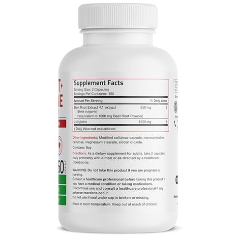 Beet Root L-Arginine 2000 MG – Produção de Óxido Nítrico – 360 Cápsulas Vegetarianas – Não-OGM - Bronson