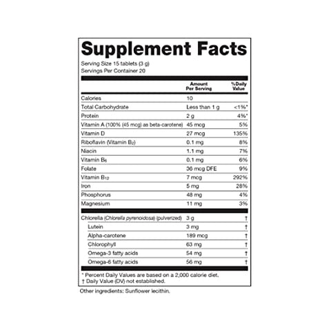 200 mg – Superalimento de Alga Verde em Comprimidos – Parede Celular Pulverizada – Clorofila, CGF, B12 Ativa, Ferro, Proteína – Não-OGM – 300 Comprimidos - Sun Chlorella