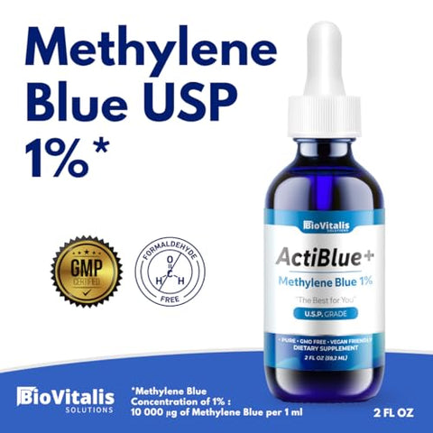Biovitalis Solutions - Actiblue Methylene Blue 1%: Grau Farmacêutico Certificado ISO Testado por Laboratório Terceirizado 99,9% Sem Formaldeído Sem Álcool Sem Glúten – Compre Agora!