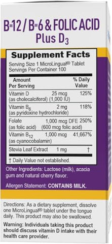 Vitamina B12 Cyanocobalamin 1000 mcg, B6, Ácido Fólico, Vitamina D 1000 UI, Comprimidos MicroLingual de Dissolução Rápida, 100 Unidades, Saúde Óssea, Metabolismo Energético - Superior Source