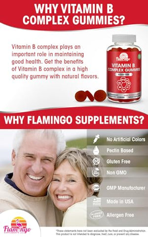 Flamingo Supplements - Gomas de Vitamina B Complexo sem Açúcar – B12, B7, B6, B3 (Niacina), B5, B8, B9 (Ácido Fólico) – Testadas por Terceiros – Pré-Natal, Dieta Vegana, Idosos – Complexo de Vitaminas B