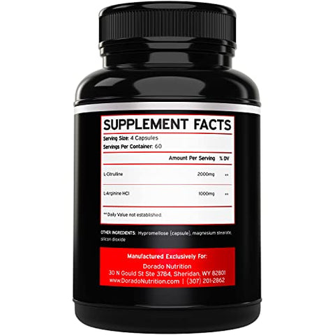DORADO NUTRITION - L Arginine L Citrulline 3000mg (240 Cápsulas) – Suplemento de Óxido Nítrico para Homens – Resistência, Desempenho e Energia para Treinos – Sem Glúten