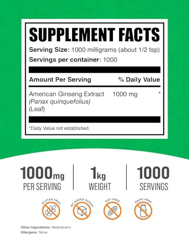 American Ginseng Extract Powder – Ginseng Herbal Supplements – Gluten Free, 1000mg per Serving, 1kg (2.2 lbs) | BulkSupplements.com
