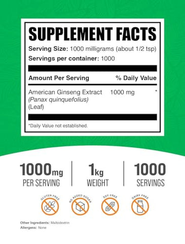 American Ginseng Extract Powder – Ginseng Herbal Supplements – Gluten Free, 1000mg per Serving, 1kg (2.2 lbs) | BulkSupplements.com