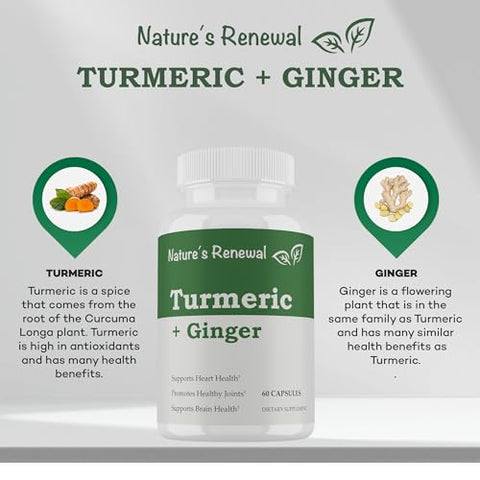 Nature's Renewal - Nature’s Renewal – Extrato de Raiz de Cúrcuma Orgânica em Pó com Gengibre – Suporte para Articulações, Curcumina Padronizada a 95%% com Pimenta Preta Bioperina – 60g