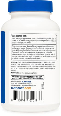 Cafeína Natural 200mg – 250 Cápsulas Vegetarianas | Livre de Glúten, Não-OGM  Nutricost - Nutricost