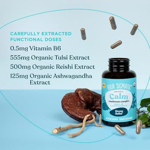 Cápsulas Four Sigmatic Calm | Suplemento Vegano para Alívio do Estresse e Promoção de Humor Positivo com Pó de Ashwagandha Orgânico, Cogumelo Reishi Orgânico, Tulsi (Extrato de Manjericão Sagrado) | 100% Natural e Eficaz