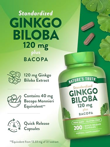 Nature's Truth - Nature’s Truth Ginkgo Biloba 120mg + Bacopa | 200 Cápsulas de Liberação Rápida | Extrato Padronizado | Suplemento Livre de OGM e Glúten