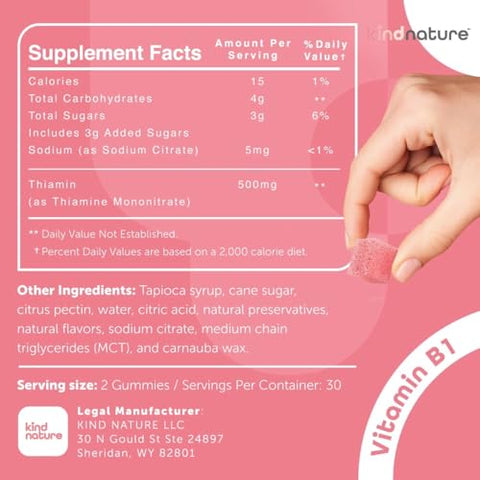 kindnature - Kind Nature Gummies de Vitamina B1 – Mastigáveis de Tiamina 500mg por Porção – Não Transgênico, Vegano, Sabor Natural de Morango – Suplemento de Tiamina B1 para Adultos