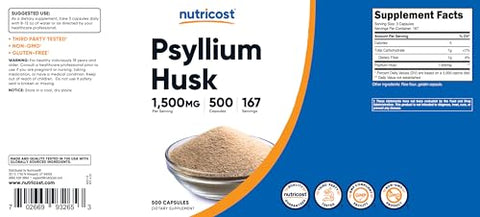 Psyllium Husk 1500mg por Porção, 500 Cápsulas – Não-OGM - Nutricost