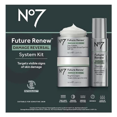 Conjunto de Cuidados com a Pele No7 Future Renew Damage Reversal – Sérum Facial Anti-Envelhecimento (10 ml), Creme Diurno com FPS 25 (50 ml)