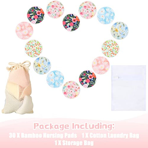 30 Pcs Almofadas de Amamentação Reutilizáveis de Bambu com Bolsa Molhada e de Lavanderia – Pads de Mamilo Florais Presente para Mães que Amamentam (Padrão Vibrante) - Sosation