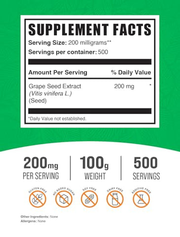 Grape Seed Extract Powder BulkSupplements.com – Fonte de Antioxidantes, Suplemento Herbal, Livre de Glúten, 200mg por Porção, 100g (Pack de 1)