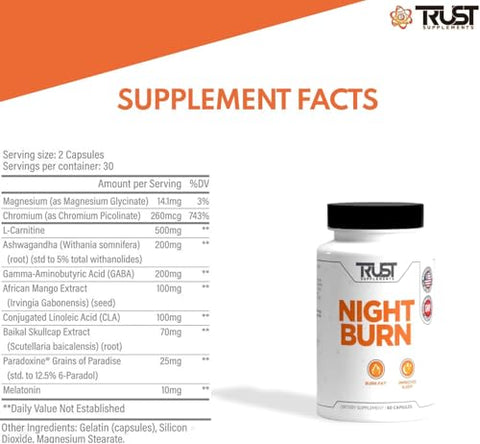 TRUST SUPPLEMENT - Night Burn – Suplemento Noturno para Apoio à Saúde e Sono Melhorado – Fórmula Natural de Bem-Estar para Homens e Mulheres
