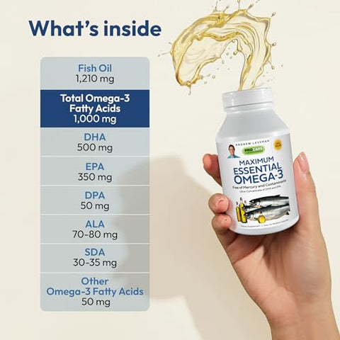 Ômega-3 Essencial Máximo sem Sabor, 60 Softgels – Óleo de Peixe Ômega-3 Ultra Puro 1200 mg – Alto DHA, Óleo de Peixe Ômega 3 sem Mercúrio – Pequeno, Fácil de - ANDREW LESSMAN
