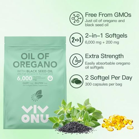 VivoNu - Óleo de Orégano Cápsulas Softgels | 6000mg de Óleo de Orégano com 200mg de Óleo de Semente Preta | Extrato Orgânico de Óleo de Orégano | Antioxidantes Naturais para Fitness | Livre de Transgênicos | Fórmula sem Glúten