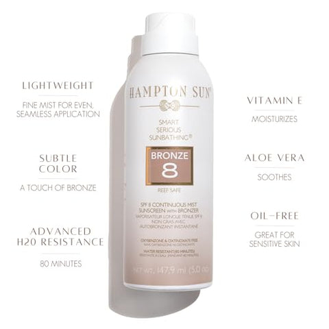 Hampton Sun Bronze Contínuo FPS 8 | Spray Bronzeador | Toque de Bronze Quente para um Brilho Radiante Instantâneo | Hidratação Rica em Antioxidantes com Vitamina E e Aloe | 120 ml