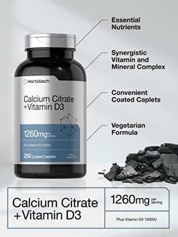 Calcium Citrate 1260 mg com Vitamina D3 1000UI | 250 Comprimidos | Vegetariano, Não-OGM, Sem Glúten | Marca Horbäach - Horbäach