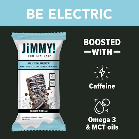 JIMMYBAR - JiMMY’S! Barra de Proteína Funcional – Cookies and Cream – 12 Unidades – 18g Proteína com Cafeína, Ômega 3 e Óleos MCT – Baixo teor de açúcar, sem glúten, Energizante