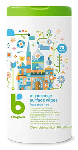 Lenços de Limpeza Multiuso, Sem Fragrância, 75 Unidades (Pacote com 2), à Base de Plantas e Não Abrasivos, Sem Amônia, Sem Cloro - Babyganics