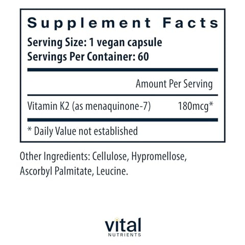 Vitamina K2-7 | Promove Saúde Cardiovascular, Cardíaca, Óssea* | Vitamina K2 MK7 | Suplemento Vegano de Vitamina K | Livre de Glúten, Laticínios, Soja | Não-OGM | 60 Cápsulas - Vital Nutrients